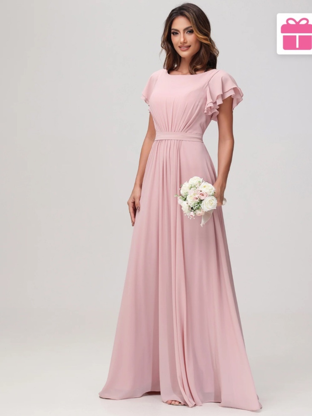 JJs House Dusty Pink Ruffle-Sleeve Bridal Bridesmaid Gown
